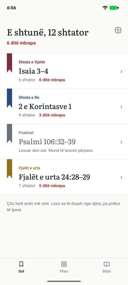 Ekrani «Sot» i aplikacionit Bibla 1 vit: leximet e ditës në katër lista